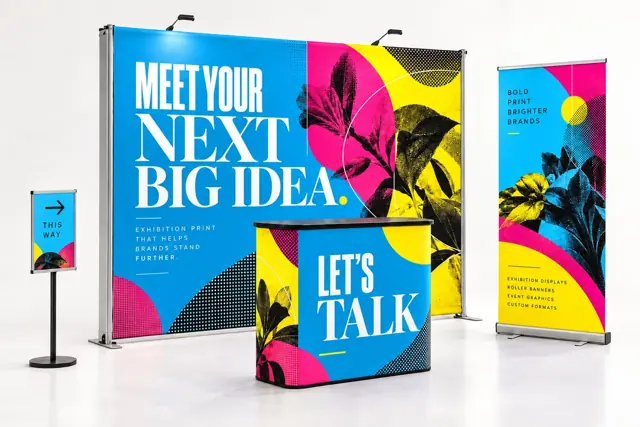 Illustrative exhibition backdrop, counter and display graphics